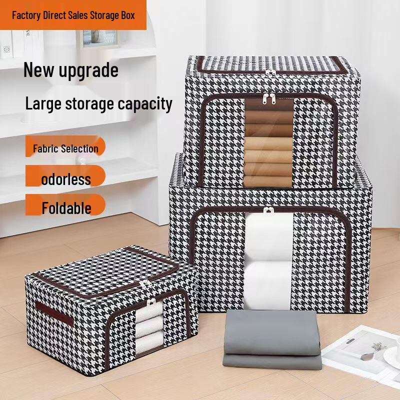 Houndstooth Foldable Storage Box with Lid - Moisture-Proof Organizer for Clothes, Duvets, and Toys