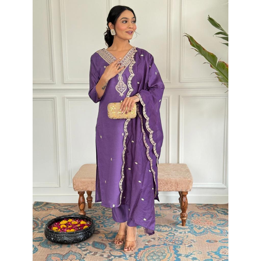 Viscose Chanderi Ethnic Kurta Set Designer Wedding Wear Kurti Pant Dupatta Set VF-1455