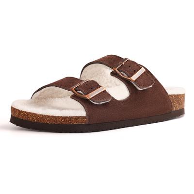 Fashion Comwarm Fur Cork Slippers Men Fashion Suede Fuzzy Cork Slides Shearling Fur Lining Flat Slides Sandals Winter Plush Cork Slipper