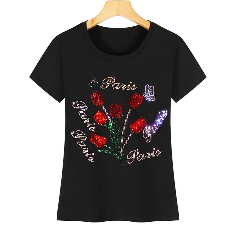 Hot selling high-quality hot diamond women s casual short-sleeved T-shirt printing diamond sparkling diamond beautiful flowers M