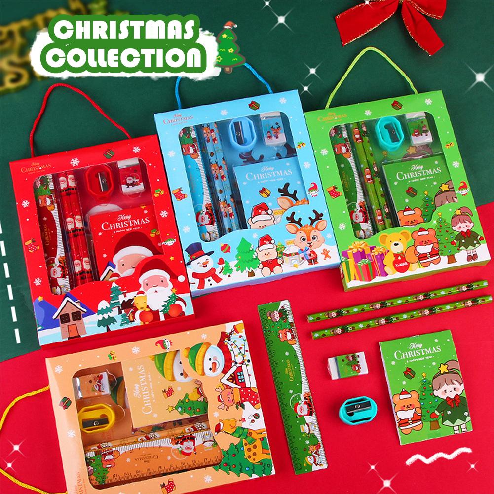 6Pcs Christmas Stationery Gift Set Christmas Party Favors Xmas Stationery Gift Include Cartoon Xmas Notebook Pencil Ruler Eraser