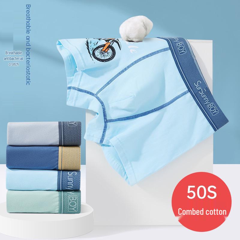 Teen Boys' Combed Cotton Boxer Briefs with Antibacterial Crotch, Flat Angle Design, Plus Sizes Available