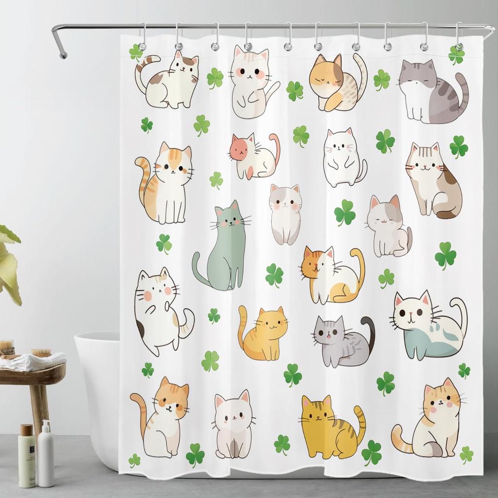 Boho Green Botanical Shower Curtain for Bathroom, Nature Plant Flower with Funny Black Cat Fabric Shower Curtain, Rustic Country