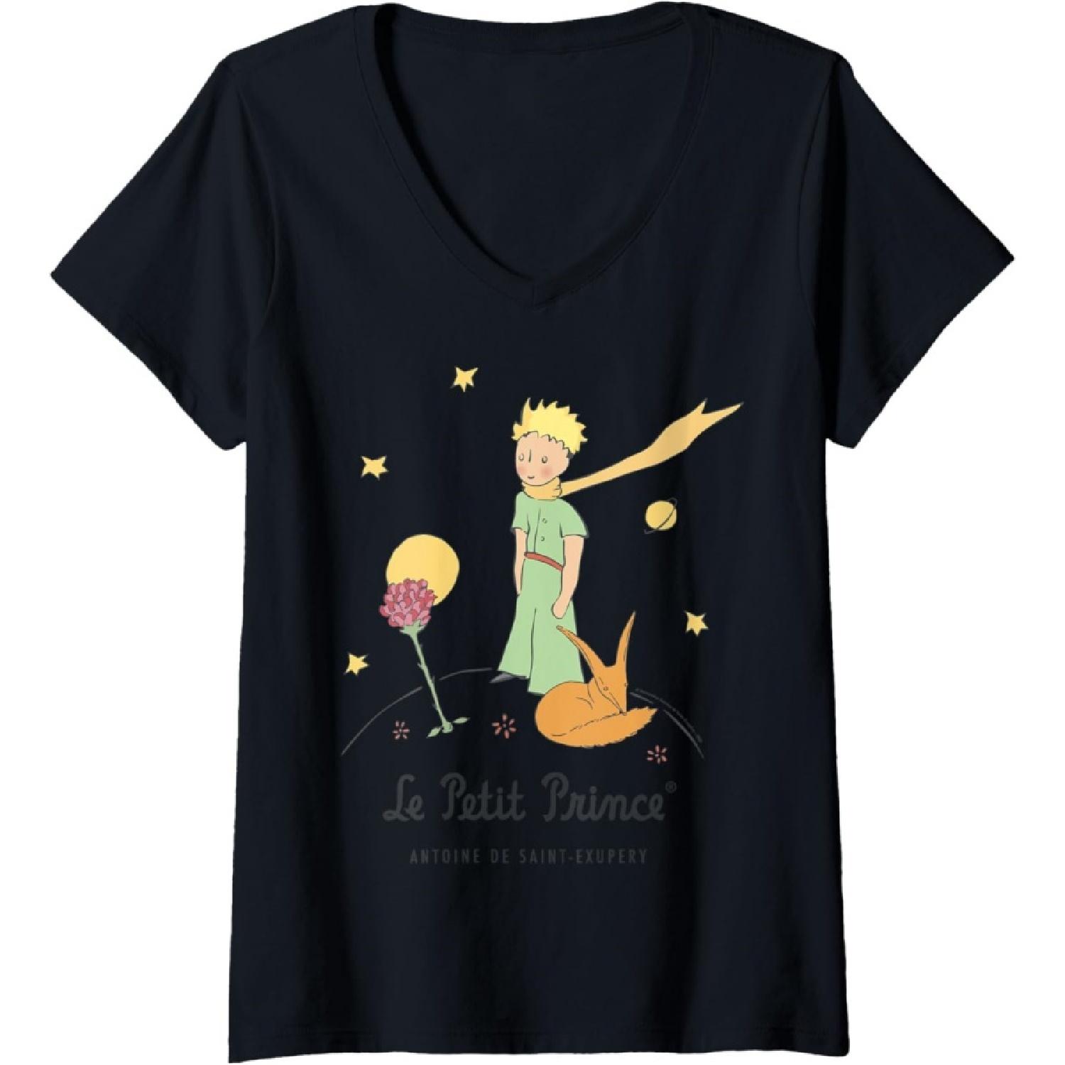 Женская футболка Le Petit Prince Звезды Лиса Роза Планета с V-образным вырезом S чёрный