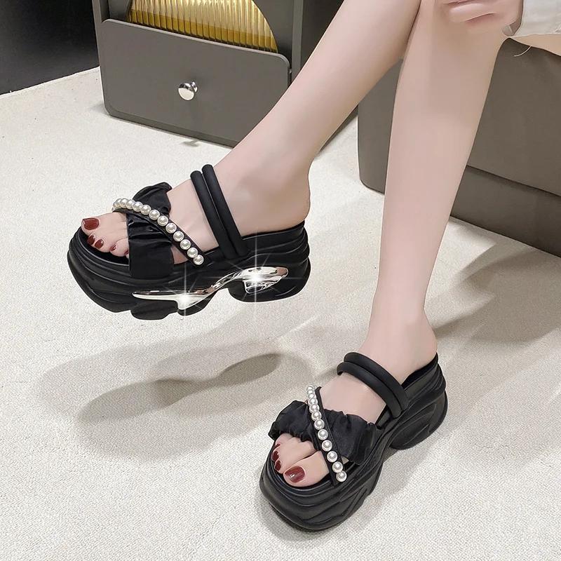 Mode Mode Pärlplatåsandaler Kvinnor Halkfria Kiltofflor Kvinna Sommar Tjock Sula Sandalias Mujer Hög Kvalitet