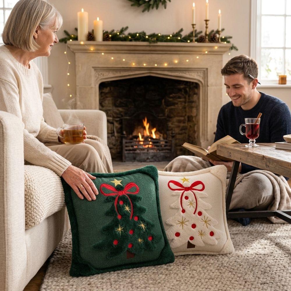 Festive Decor Christmas Pillow Cover Christmas Tree Soft Fluffy Cushion Cover Bow Embroidery Skin-friendly Pillowslip Bedroom