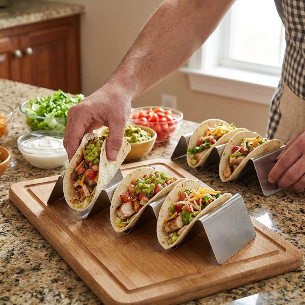 Easy-Access Handle Stainless Steel Taco Holders V-Shaped Reversible Tortilla Holder Non-Stick Stackable Sushi Holder Outdoor BBQ