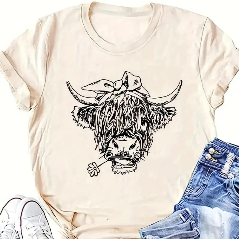 Women Summer T Shirt  Print Bull Head Pattern Short Sleeve Tees Casual   Printed  Tops