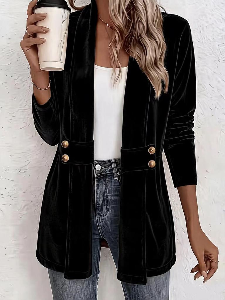 Women Velvet Blazer Open Front Lapel Collar Double Breasted Decor Long Sleeve Coat Multi Color