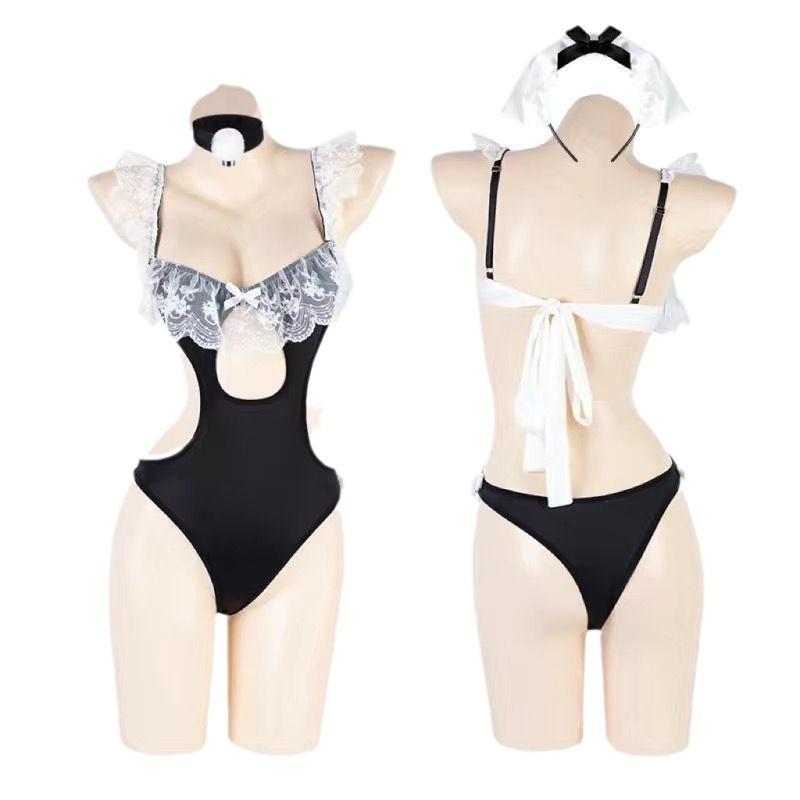 Sexy Lingerie Female Sexy Suspender Lace Seduction Hidden Button Onesie Pure Desire Small Chest Maid Uniform Suit