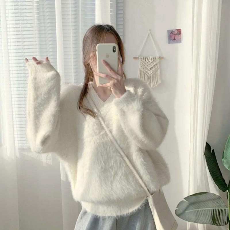 Autumn/Winter Imitation Mink Fleece Sweater for Women Loose Outerwear Pullover V-Neck Top for Women Knitwear Pullover Women