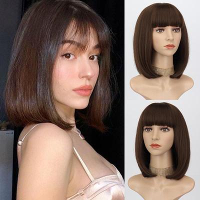 Women Short Straight Bob Brown Wig with Bangs Synthetic Fiber Shoulder Length Natural Brown Daily Wear Wig