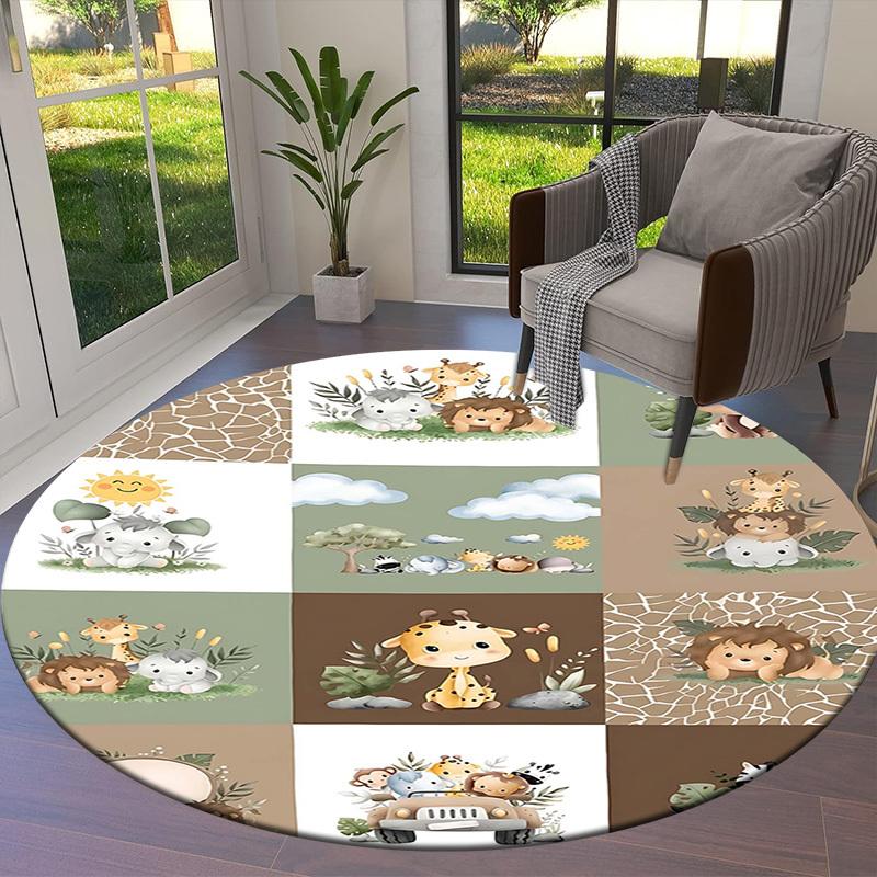 1PC Safari Animals Non-Slip Floor Round Carpet, Office, Family, Bedroom, Large Area Rug Indoor Rugs, Durable PolyesterH0382