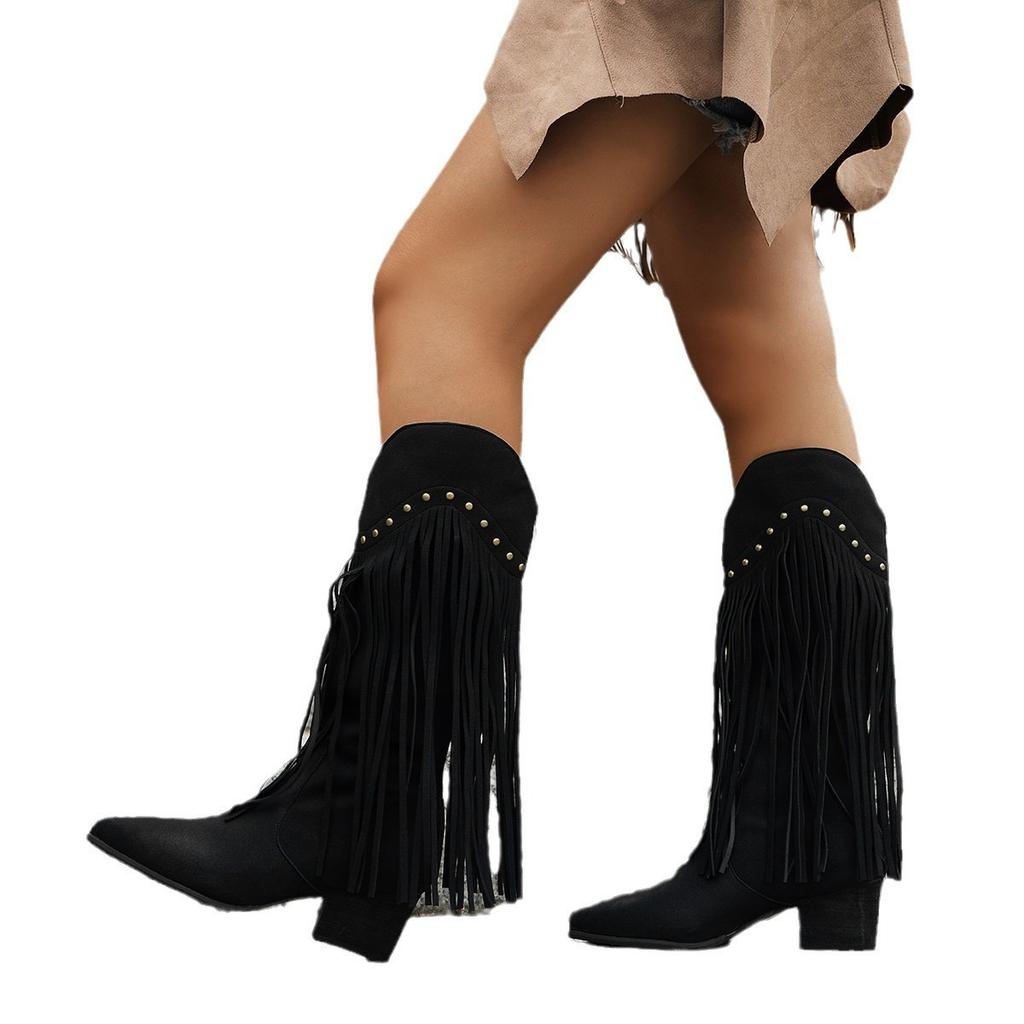 Boots: Fall & Winter New Fringe Fashion Boots Sexy Vintage Western Leg Boots Plus Size