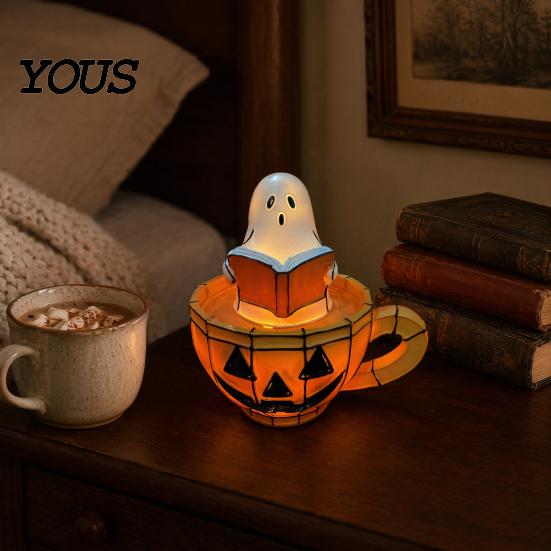 Retro Halloween Light Ghost Reading Book Lamp, Stained Glass Style Night Light, Resin Spooky Bedroom Lamp Pumpkin Bedside for Bedroom, Living