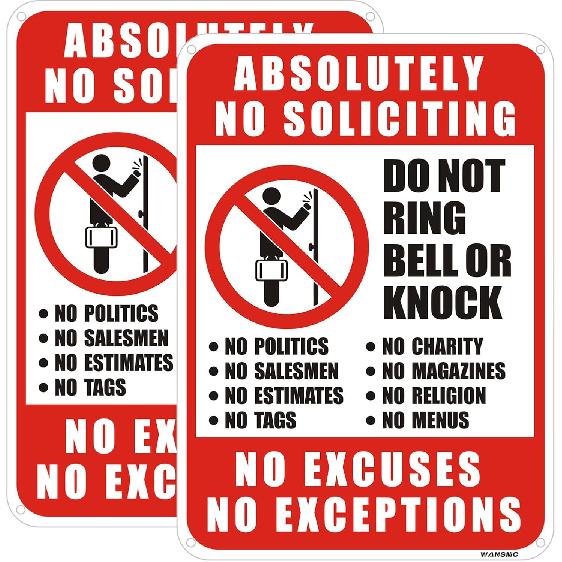 2PC No Soliciting Sign, No Excuses, No Exceptions Do Not Ring Bell Or Knock Sign, 7  x 10  - Aluminum, Funny Door Decoration for Home, Office, Yard,