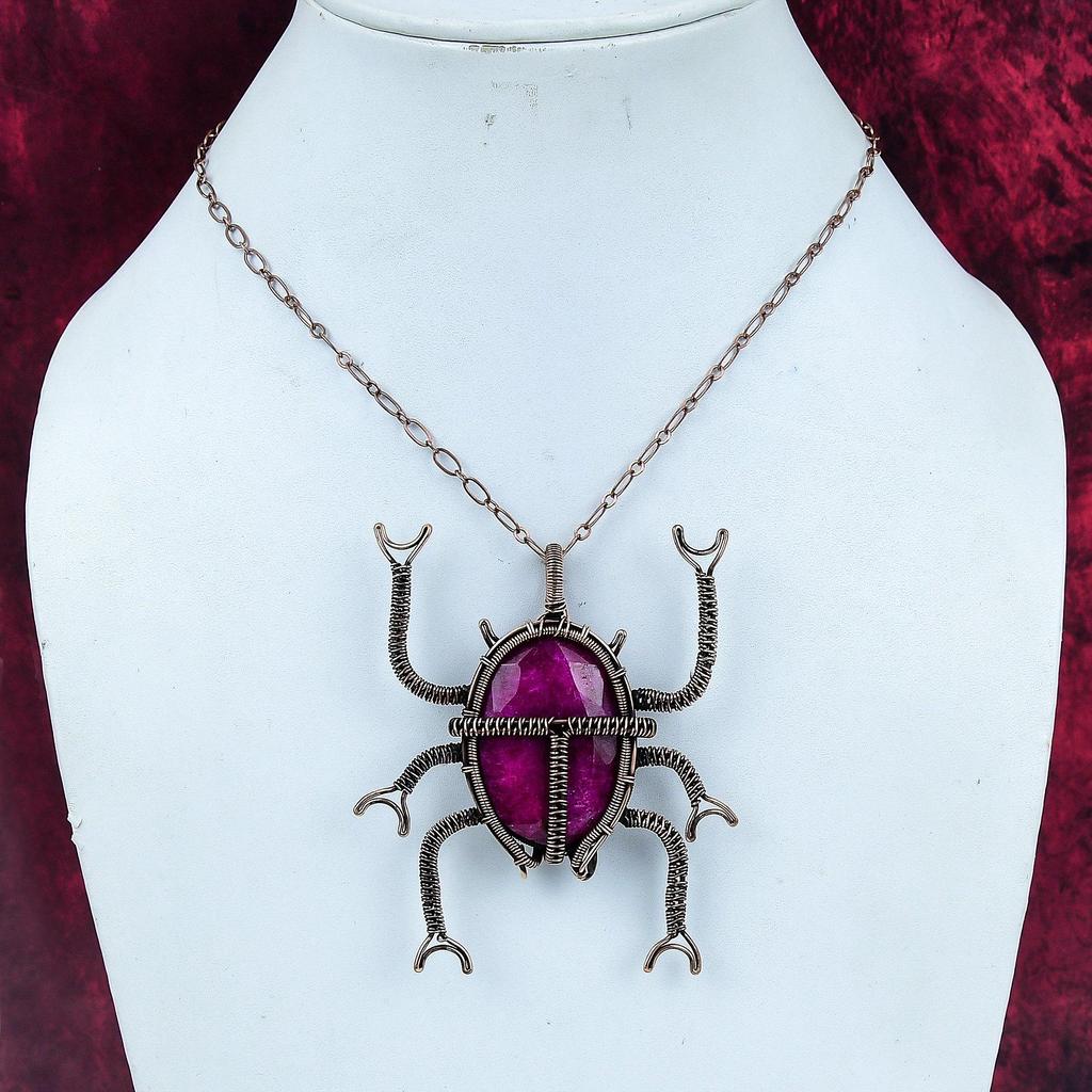 Faceted Kashmir Ruby Pendant Copper Wire Wrapped Jewelry Beetle Gemstone Pendant