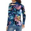 Women's Casual Fashion Retro Floral Print Long Sleeve Zipper Neck Top T-shirt