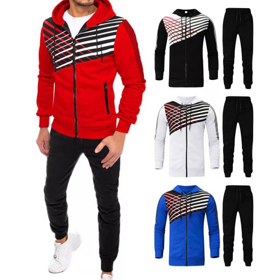 2 ks/sada Pánské kabáty Kalhoty Kostým S kapucí Pruhované Barevně ladící Kapsy na zip Dlouhý rukáv Elastický pas Pásek kolem kotníků Silná měkká zimní podzimní tepláková souprava