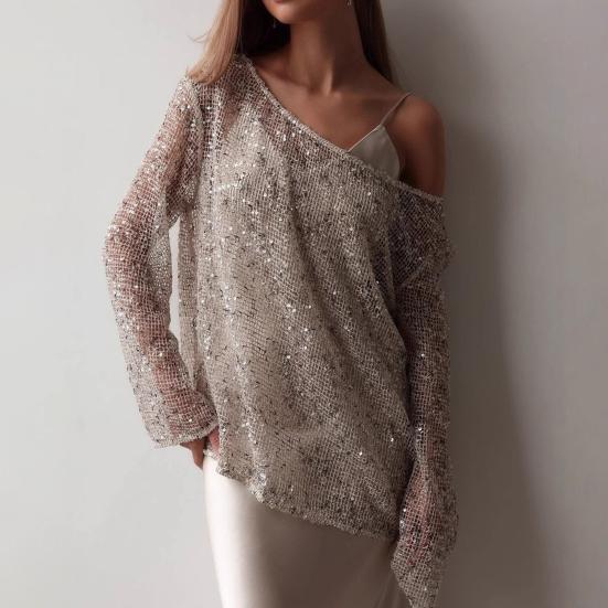 Women Tops Sparkling Sequin Detail Round Neck Long Sleeve Loose Fit Pullover Tops Office Vacation Party Wear