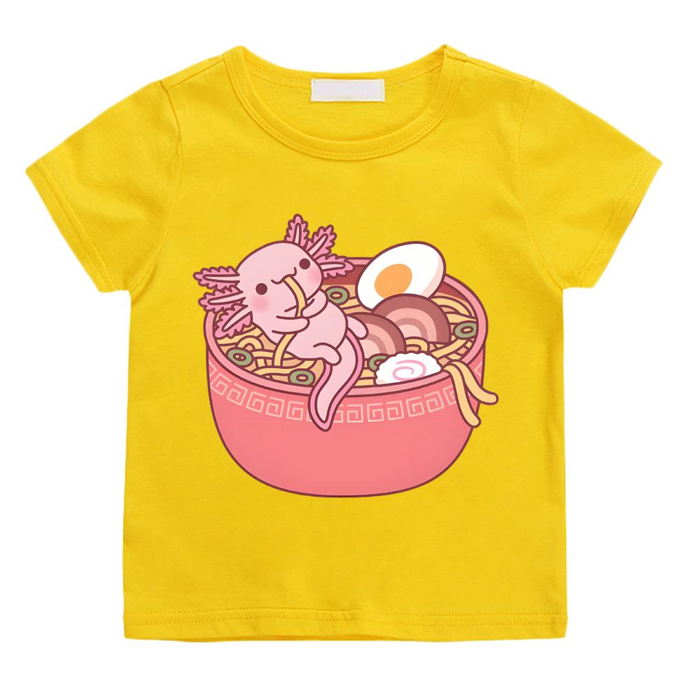Cute Axolotl Eating Ramen Noodles in Bowl Funny T-shirts Cotton Short Sleeve Boys/Girls T Shirt Summer Round Neck T-shirt