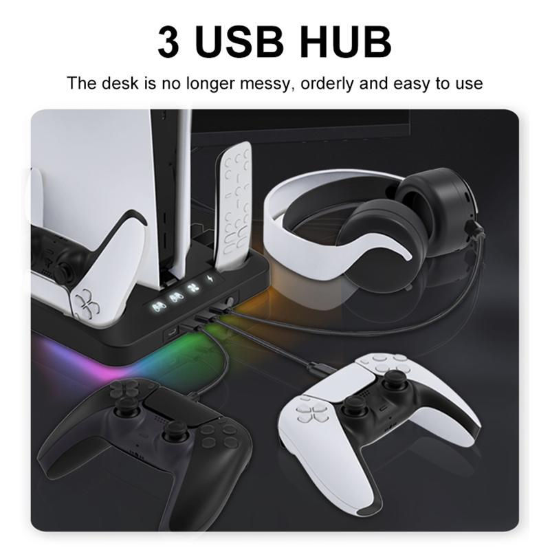 Cooling Stand for PS5/PS5 Slim/PS5 Pro with Headphone Hook and 3-Level Cooling Fan Controller Charging Station Gaming Consoles
