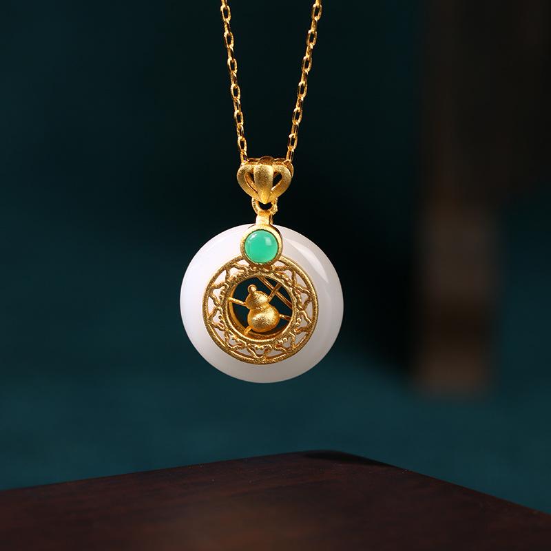

Chinese Style Copper Gold-Plated Gourd & White Jade Peace Buckle Necklace 24K Gold Plating Process