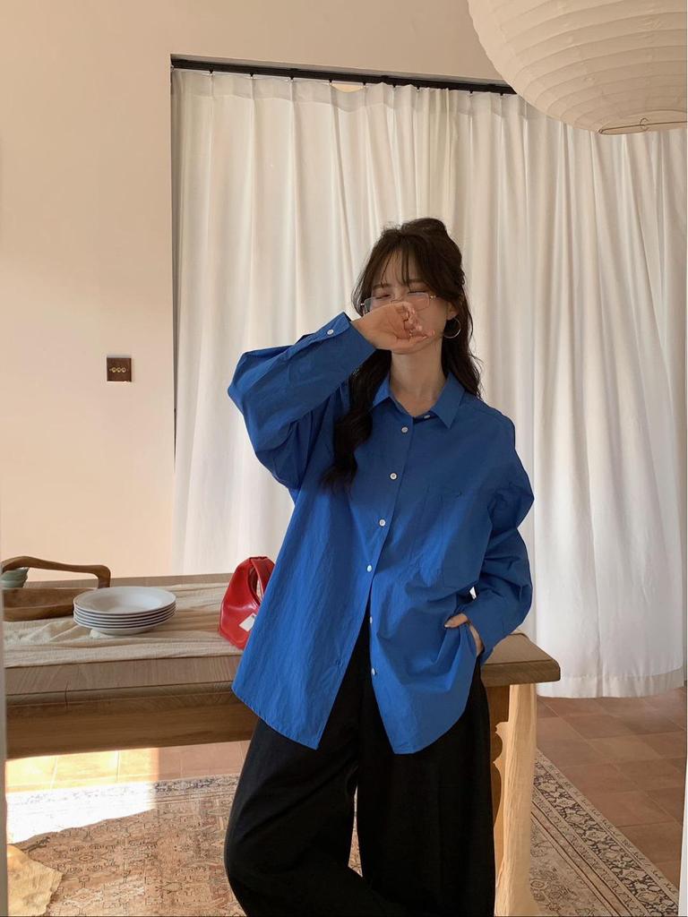 Spring Oversized Korean Style Solid Color Loose Long Sleeve Shirt for Women
