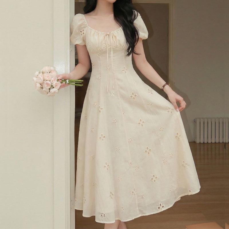 Elegant French Square Neck Puff Sleeve Lace-Up Long Dress S
