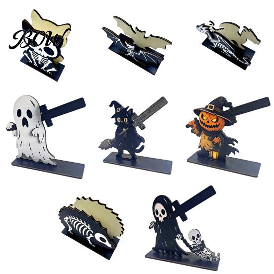 Retro Style Napkins Halloween Wooden Napkin Holder, Ghost Pumpkin Skeleton Cat Bat Tissue Dispenser, Waterproof Gothic Room Decor Tabletop
