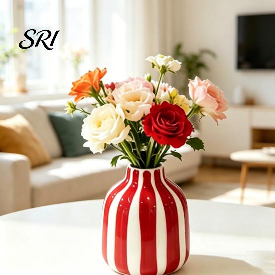 Vaso Smaltato ad Alta Temperatura Ceramica a Strisce Dipinto a Mano Moderno Nordico Boho Piccolo Contenitore Decorativo per Fiori per Tavolino Cucina Interno