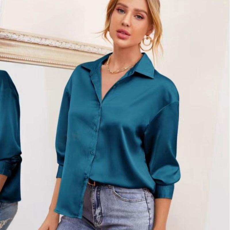 Camisas Casuales Holgadas de Manga Larga de Moda para Mujer Primavera y Verano Nuevo Blusas Tops de Oficina para Señoras Abotonadas Solapa Sólido Simple Slim Camisa de Mujer 26257