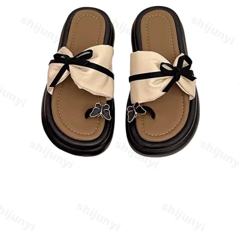 Fashion Women's Soft Sole Beach Shoes Summer Height Increase Fashion Bow Knot Sandals Lightweight Comfortable Clip Toe Non Slip Slippers
