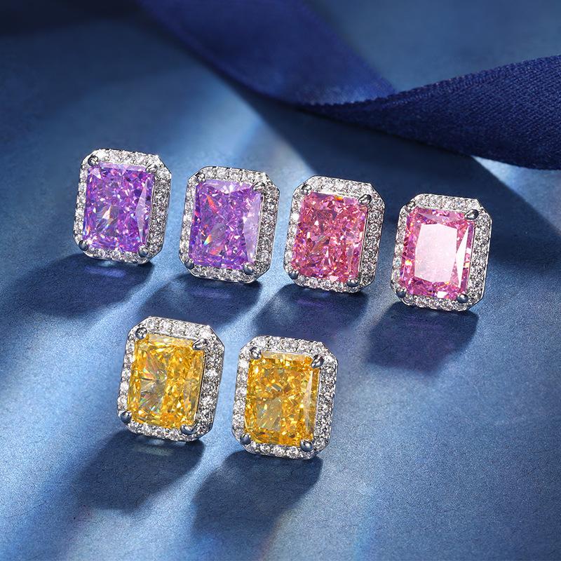 Autumn And Winter Jewelry High Carbon Diamond Ice Flower Cut Copper Inlaid Square Diamond Niche Stud Earrings Main Stone 7 * 9