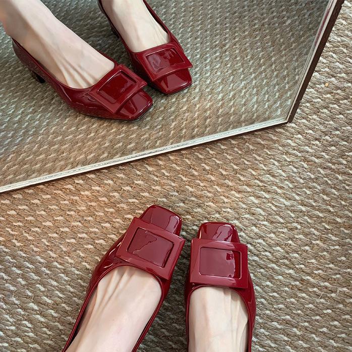 Cowhide version~ French square buckle leather thick heel high heels women's head mid heel Mary Jane single shoes ladyshoes small leather shoes