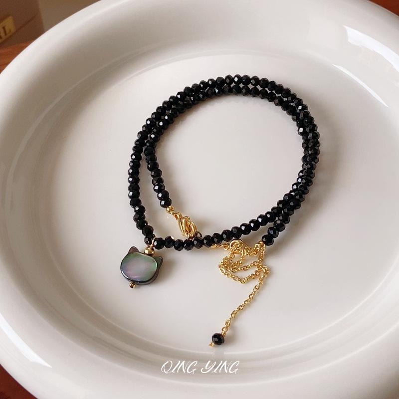 Elegant Black Crystal & Mother-of-Pearl Cat Pendant Necklace with Agate & Freshwater Pearls