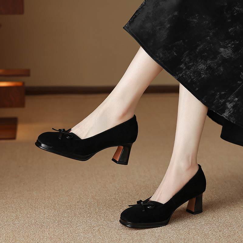 Krazing Pot Suede Round Toe Size 40 High Heels Slip On Platform Butterfly-knot Decoration Casual Autumn Shallow Pumps