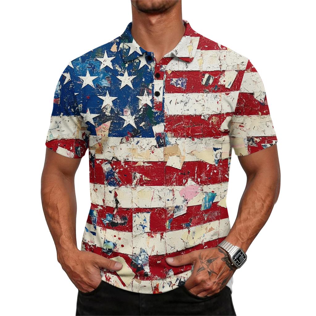 Men's Casual Loose Fit Short Sleeve Polo Shirt with Mixed Pattern Design Flag Stripes and Dots Print Lightweight Comfortable Top