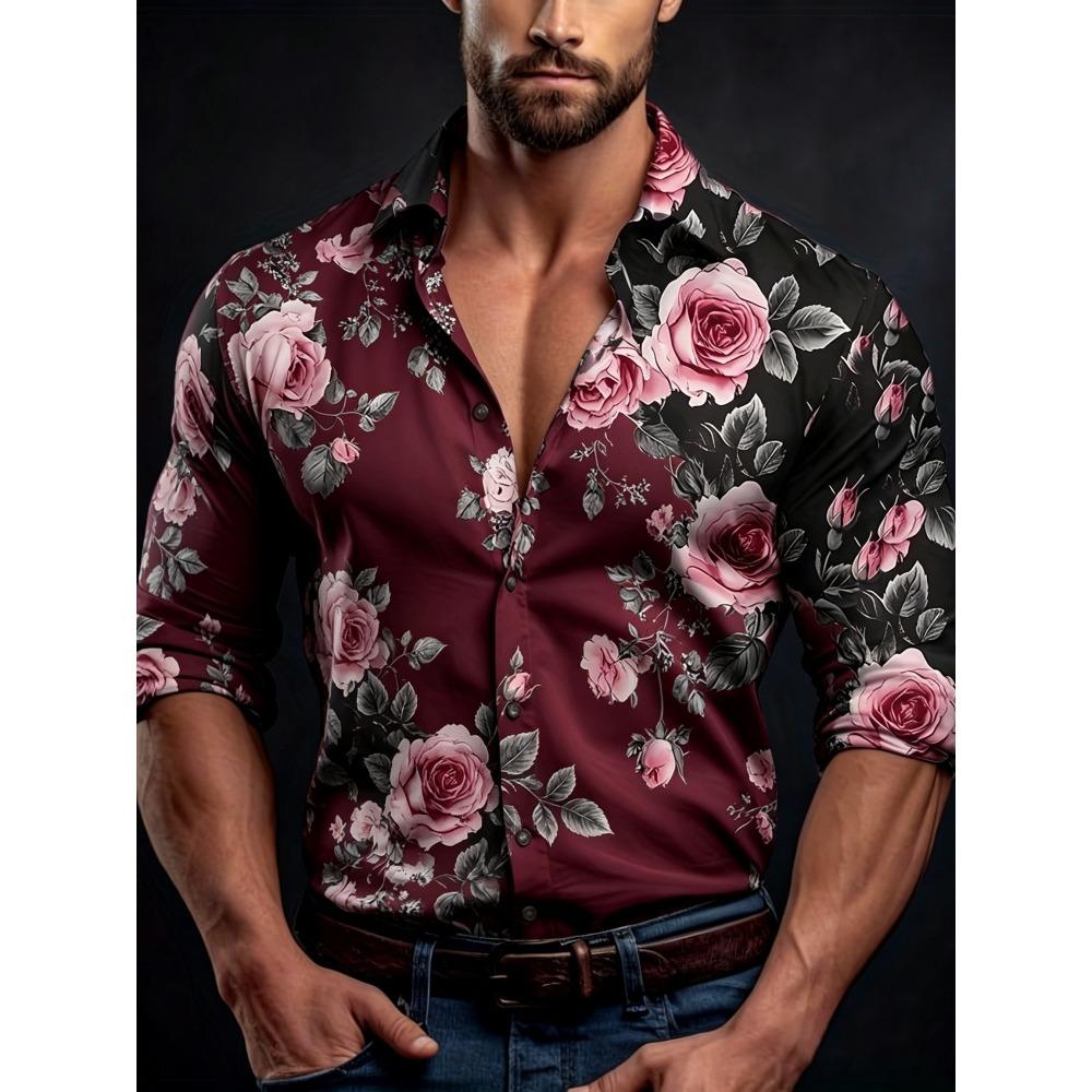 Men's Contrasting Rose Print Long Sleeved Shirt with Slim Fit Collar Shirt for Vacation Parties and Street Fashion Tops