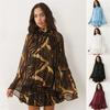Rochie Mini de Damă cu Guler Înalt și Mâneci Evazate, Tiv Volane, Croială Largă, Imprimeu Șifon, Rochie Casual de Petrecere