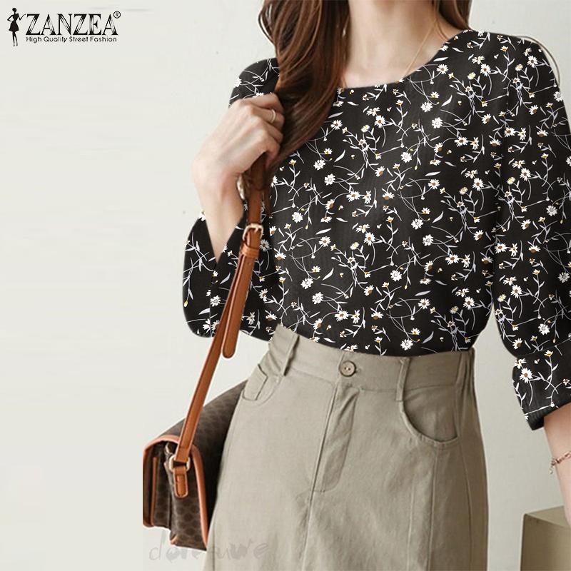 

ZANZEA Повседневная летняя блузка с цветочным принтом и круглым вырезом, рукав 3/4