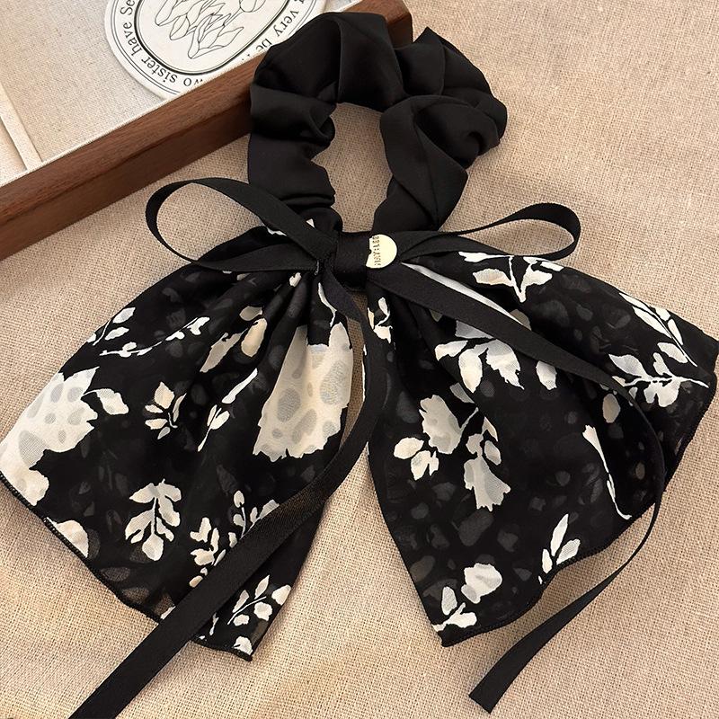 New Vintage Print Bow Ink Skirt Elastic Scrunchie Headband Elegant Fashion Lady Ponytail Streamer Hair Rope Hair Accessories
