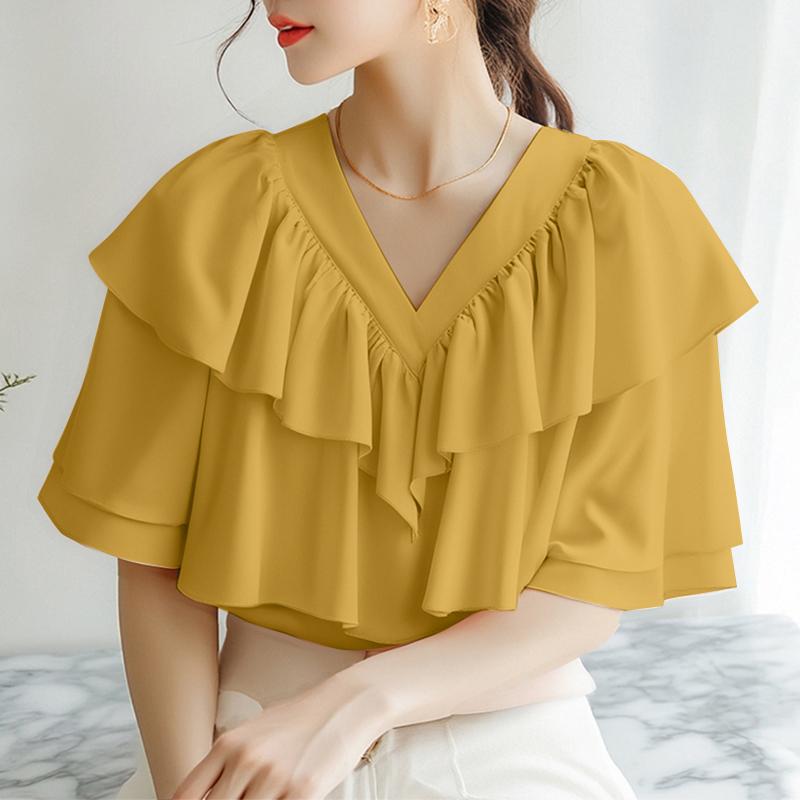 

ZANZEA Женская летняя блузка с рюшами, V-образным вырезом, свободного кроя, с коротким рукавом 5XL жёлтый