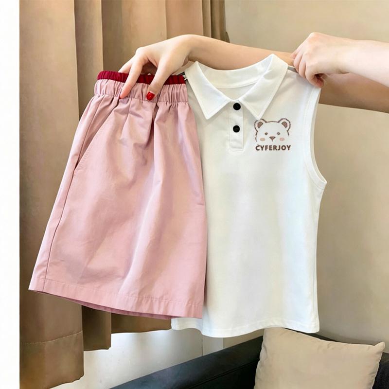 Korean Style Girls' Casual Sleeveless Polo Vest Set - Summer 2026 New Arrivals for Medium & Large Children