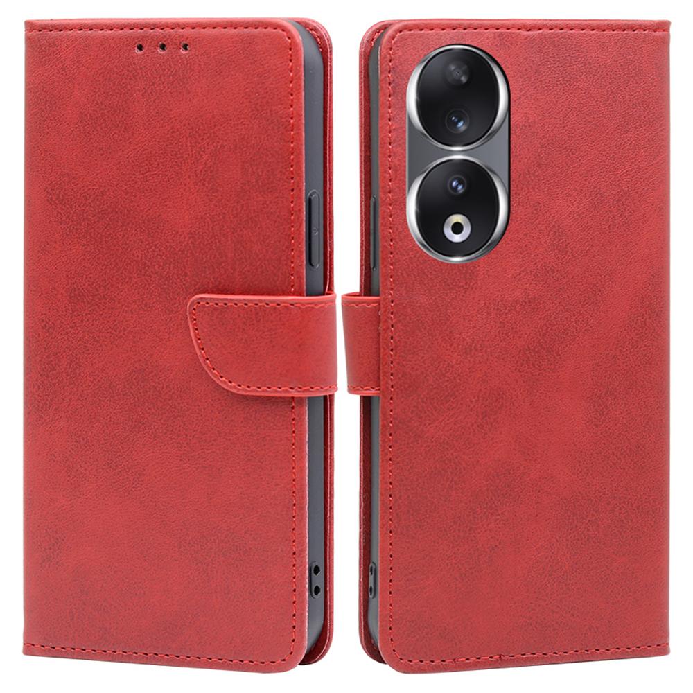 

For Honor 90 Phone Wallet Case Calf Texture TPU+PU Leather Shell Stand Anti-drop Cover Red