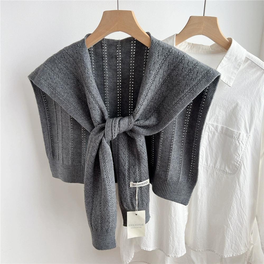 

Korean Plain Basic Hollow Out Knitted Warm Shawl Winter Female Blouse Shoulders Fake Collar Cape Knotted Scarf Stripe Outerwear