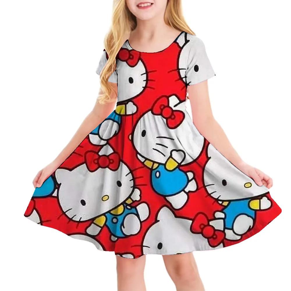 Sanrio New Summer Girls Dress Fashion Cartoon Cute Cinnamoroll &Hello Kitty 3D Printing Dress Kid Short Sleeve Princess Clothing