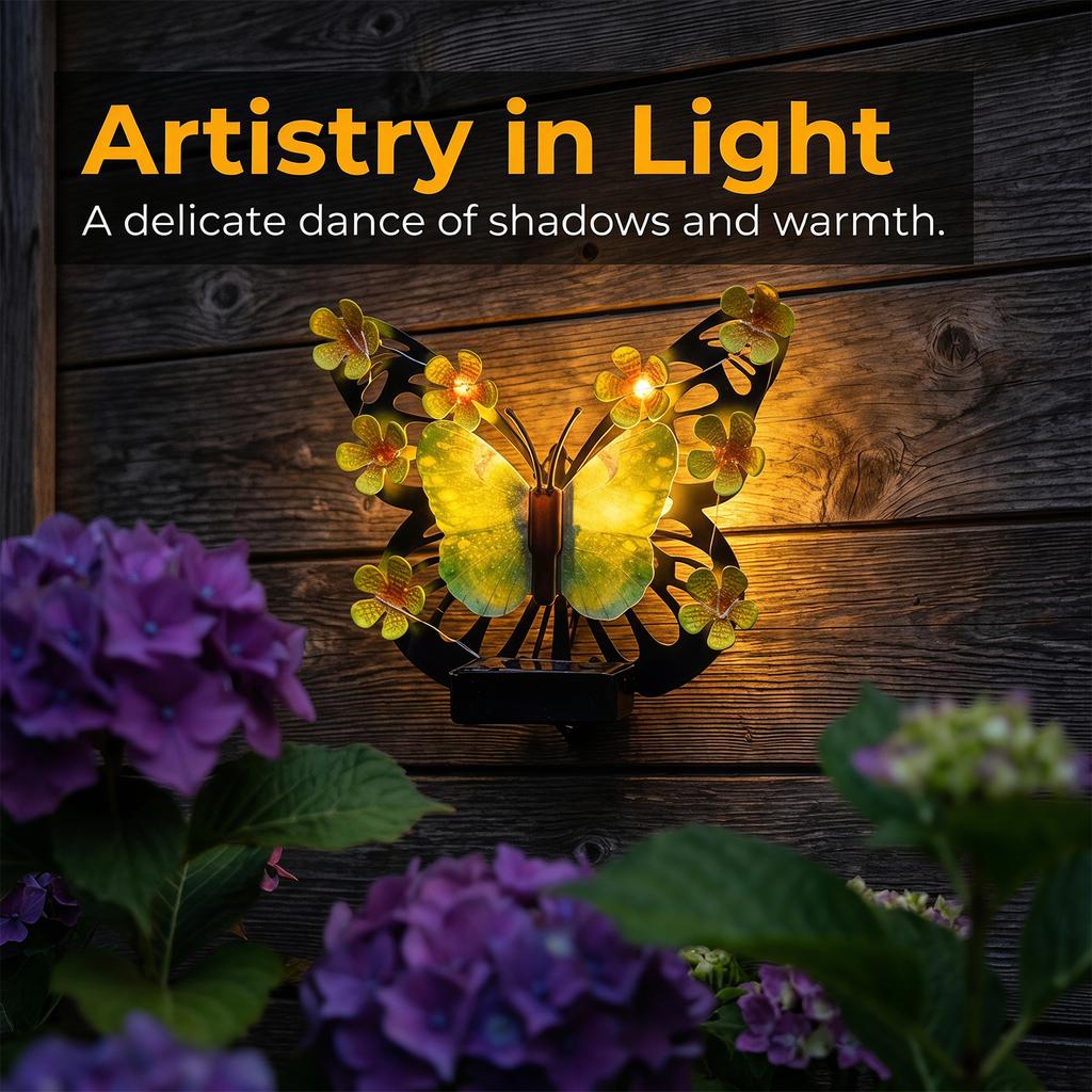 Solar Outdoor Metal Butterfly Wall Lights Rust Proof LED Flower Hanging Sculpture for Patio/Porch/Yard/Garden Decoration