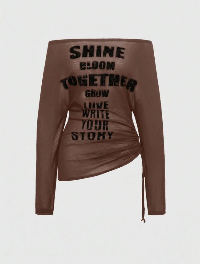 Autumn/Winter Slim Fit Ribbed Long Sleeve Top with Letter Print for Women