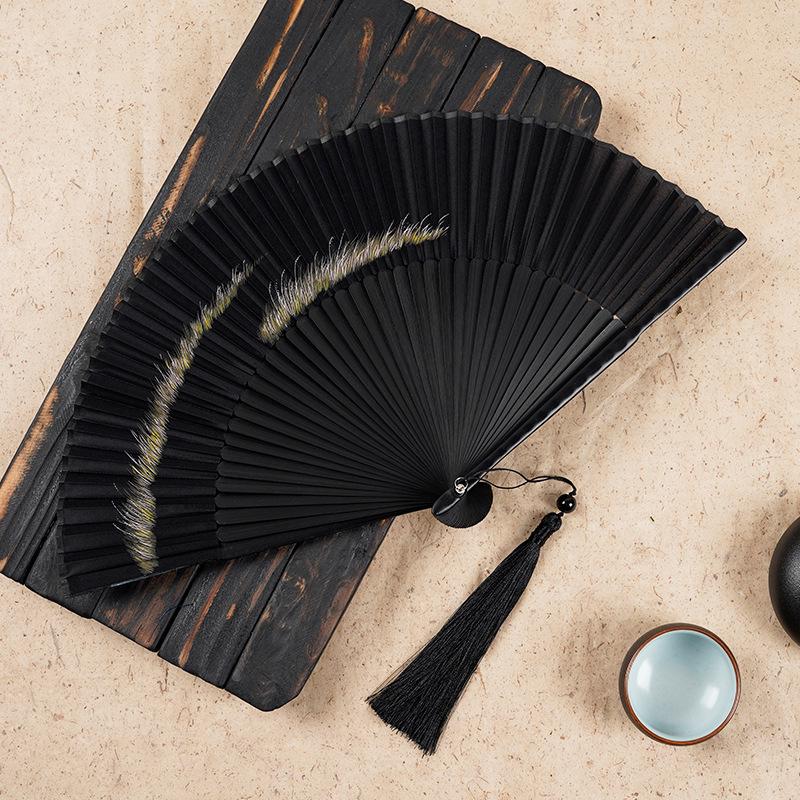 

6-Inch Gold Peacock Bamboo Folding Fan, Ancient Style Hanfu Accessory